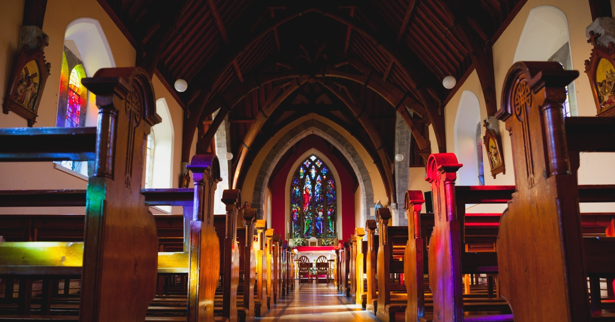 catholic church with wedding decorations