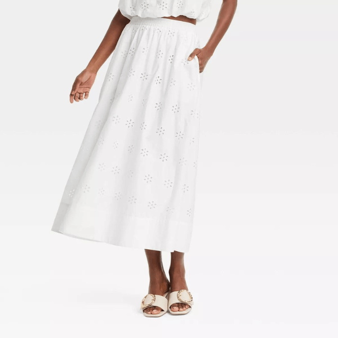 eyelet midi a-line skirt