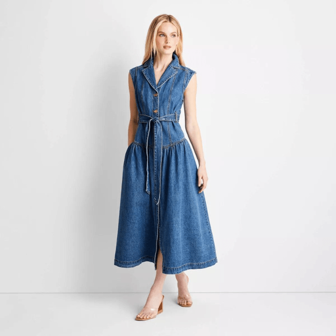 sleeveless denim button-front midi
