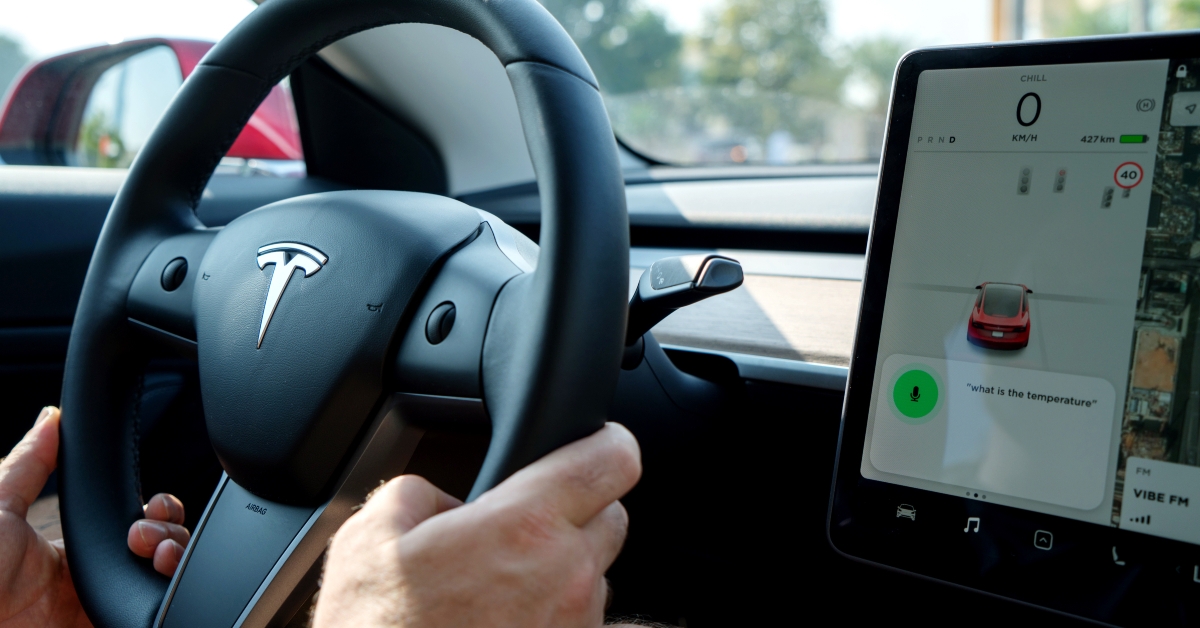 man driving tesla electric car