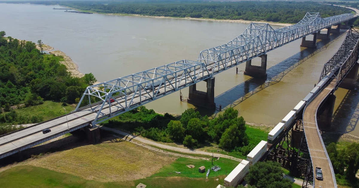 aerial view double vicksburg bridges