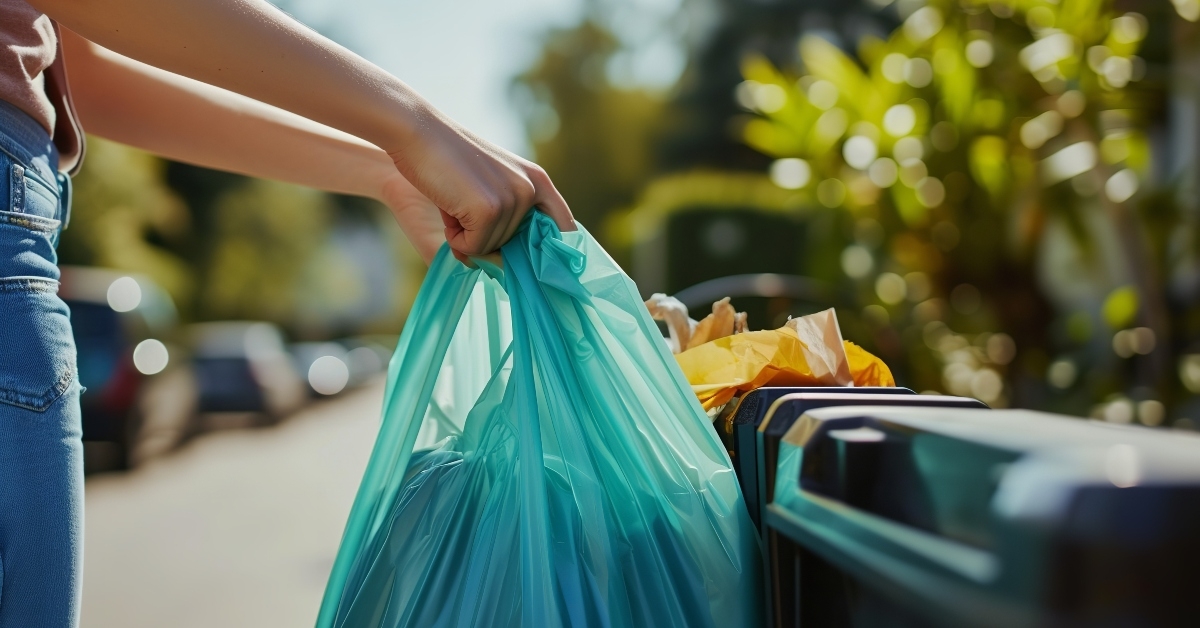 hand placing a garbage bag