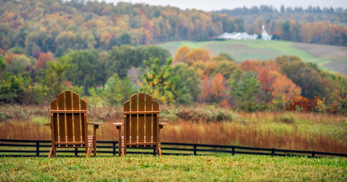 wooden chairs in autumn foliage