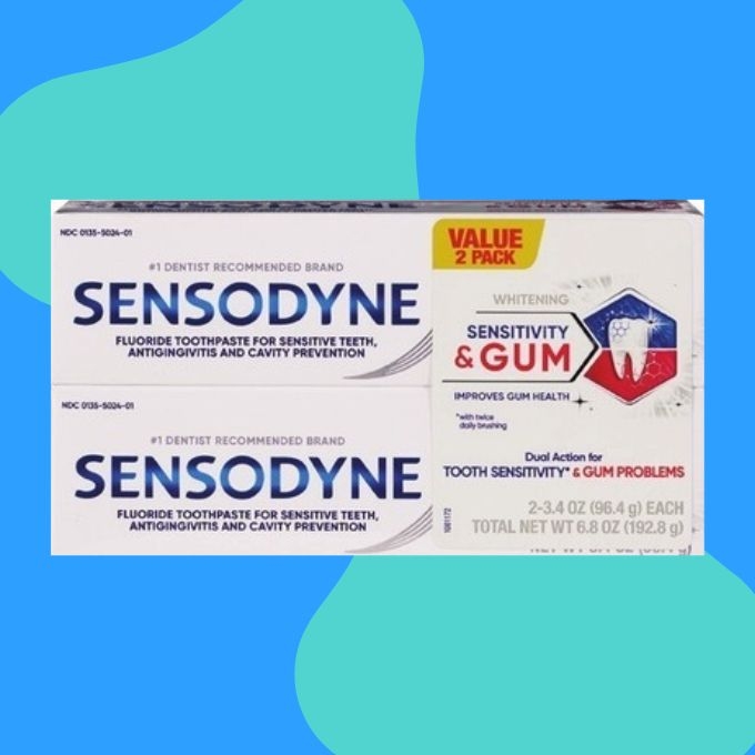 Two boxes of Sensodyne toothpaste