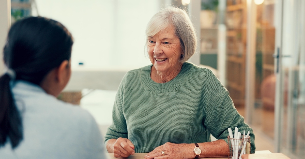 happy elderly person talking