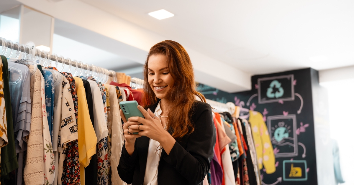 business owner smiling with phone