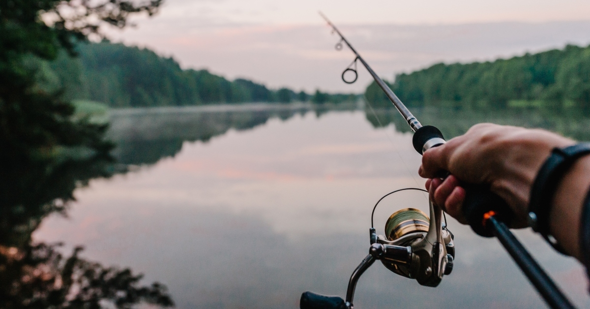 spinning reel on the river bank