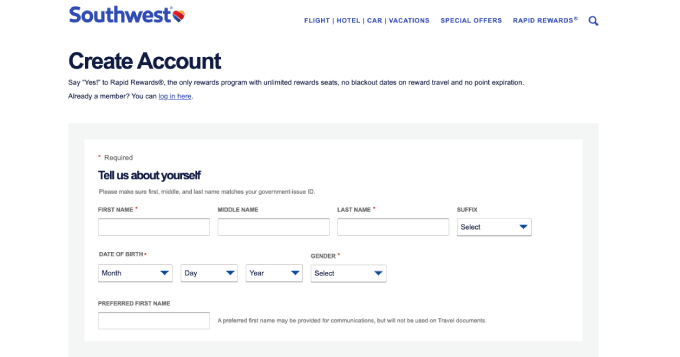 Southwest create account page.