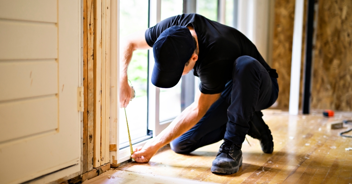 man installing double sliding patio door