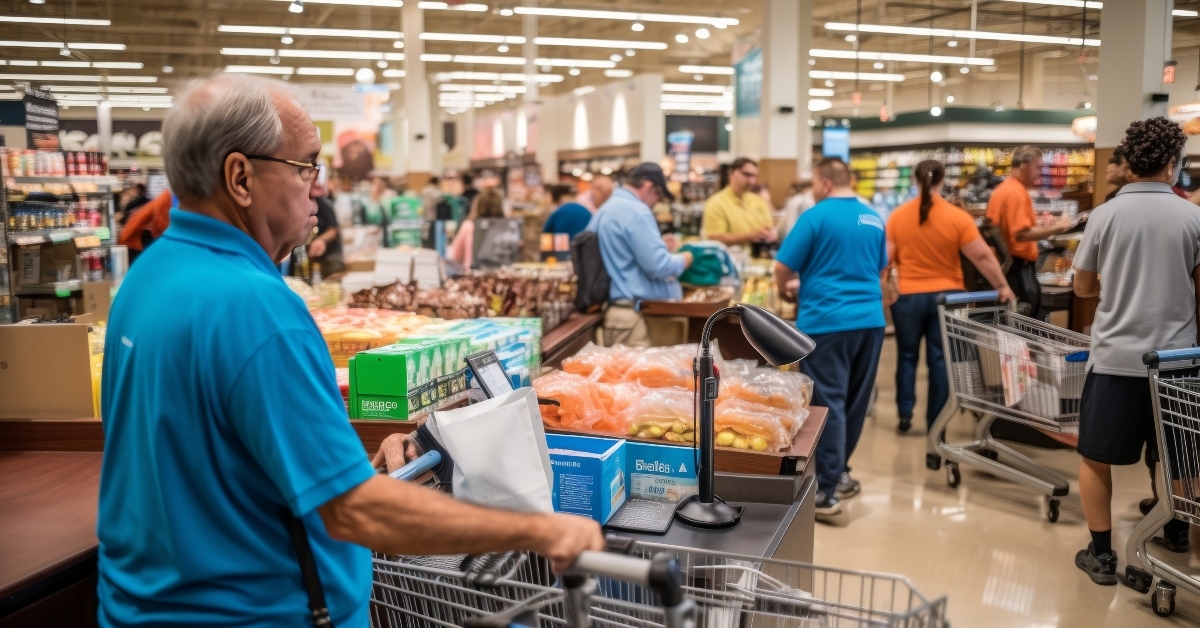 senior man pushes a shopping cart
