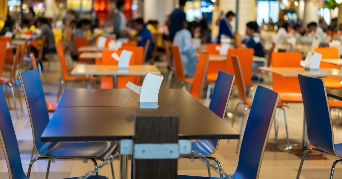 tables and chairs on food court