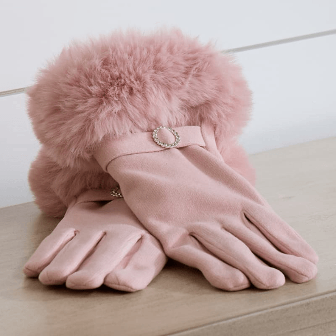 Pink Faux Fur With Bling Gloves