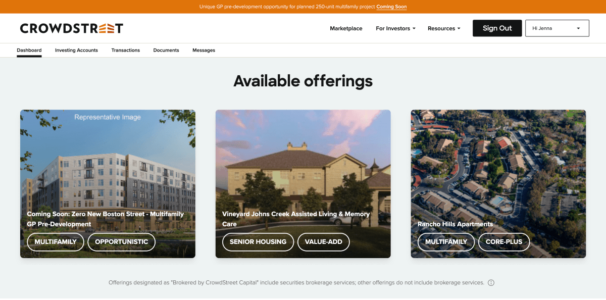 CrowdStreet's dashboard of available offerings. 