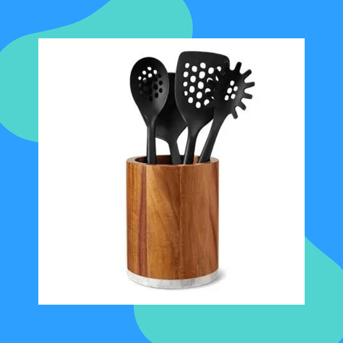 Acacia and marble utensil holder