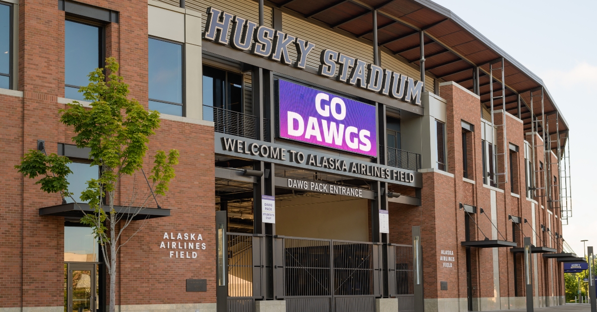 Husky Stadium with Go Dawgs sign