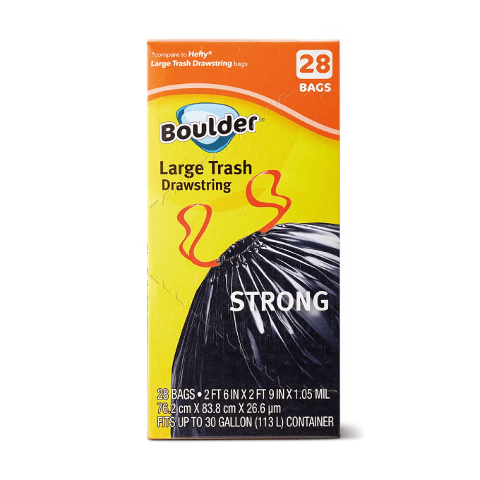 Box of large drawstring trash bags from Aldi