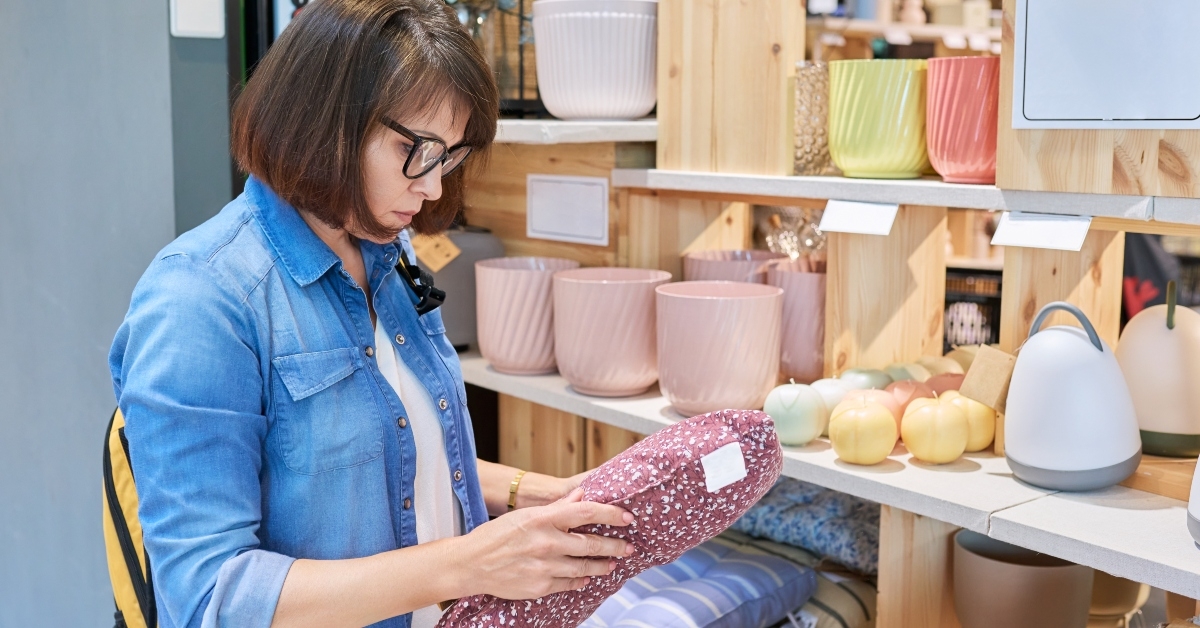 woman choosing sofa cushions