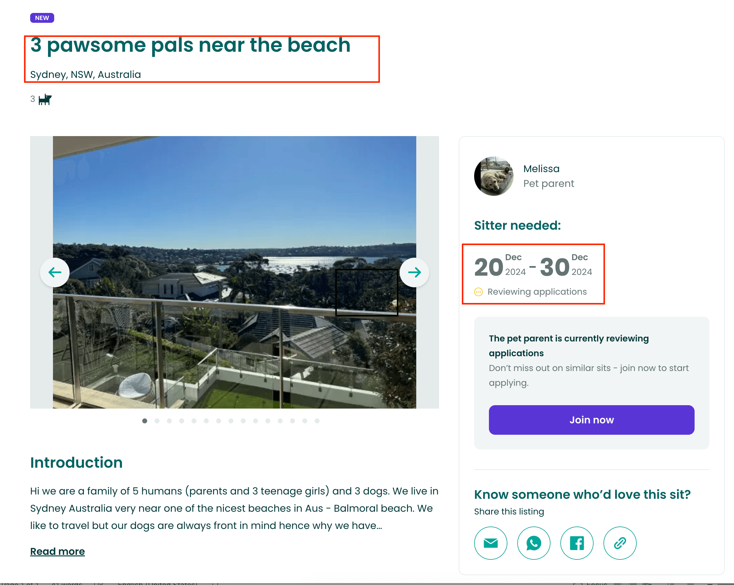 TrustedHousesitters ad for a house near the beach.