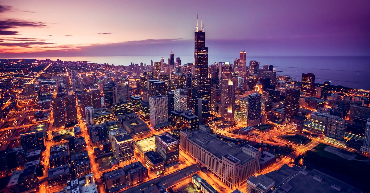 chicago skyline aerial view at dusk