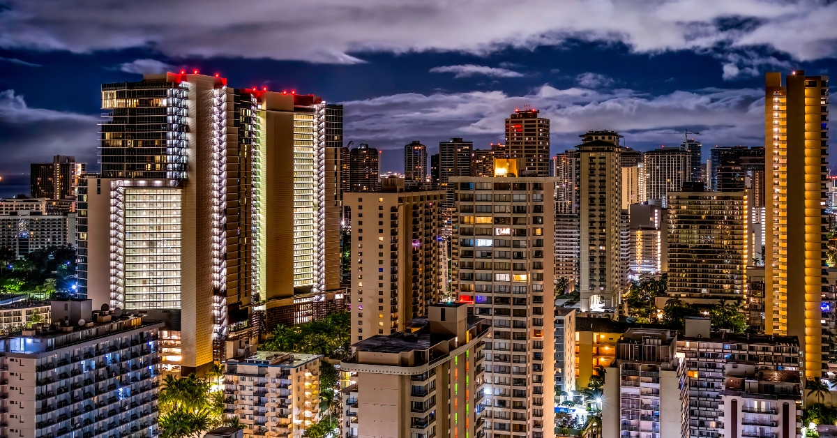 colorful night illuminated hotels