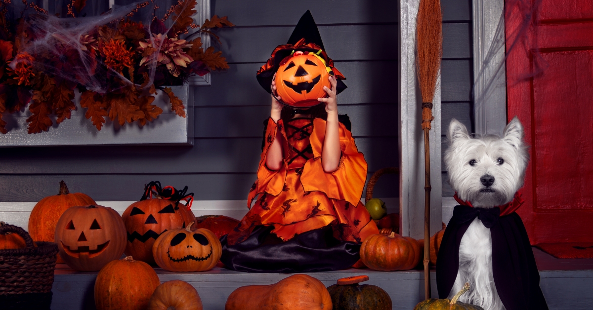 kid in halloween orange costume