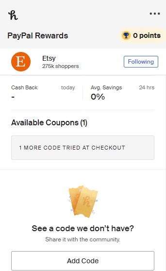 PayPal rewards, showing one available coupon.