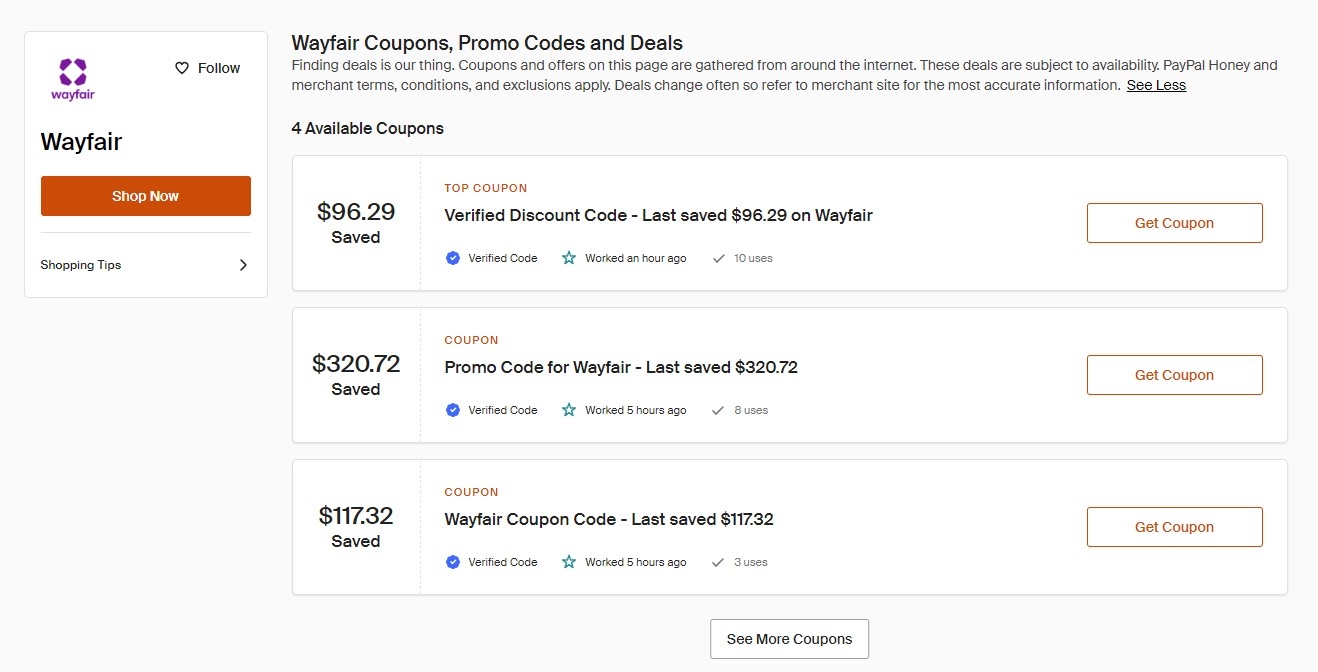 Honey coupons for Wayfair.