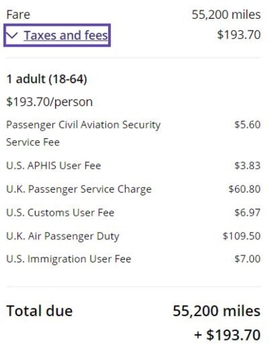 Taxes and fees for a flight.