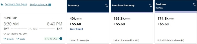 Flight options to London.