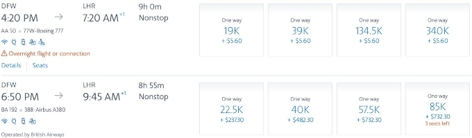 American Airlines flight options to London.