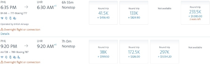 Flight options from PHL to London.