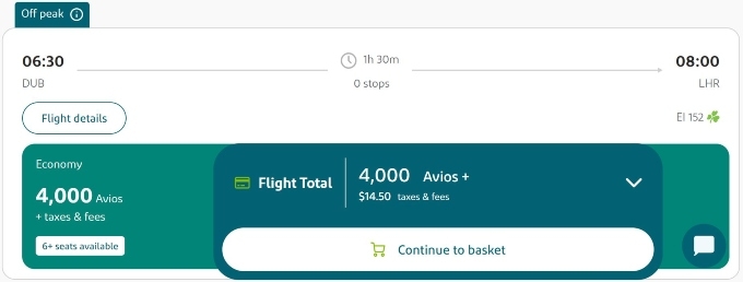 Flight options from DUB to London.