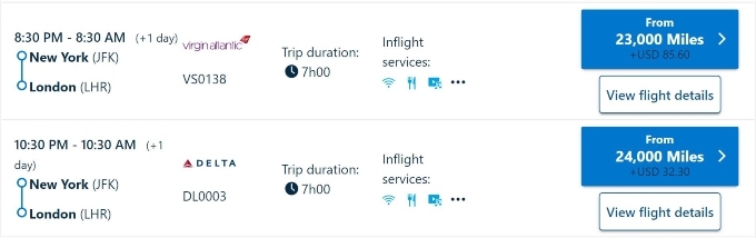 Flights from JFK to London.