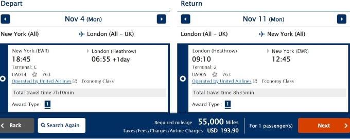 ANA miles shown for a round trip from New York to London. 