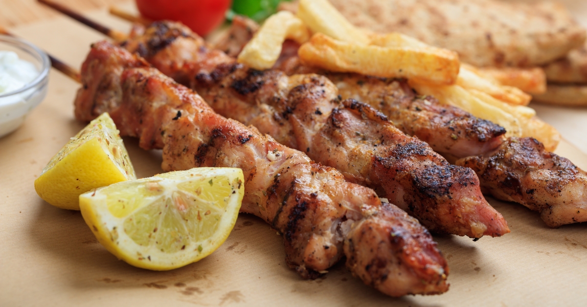grilled meat skewers on a table