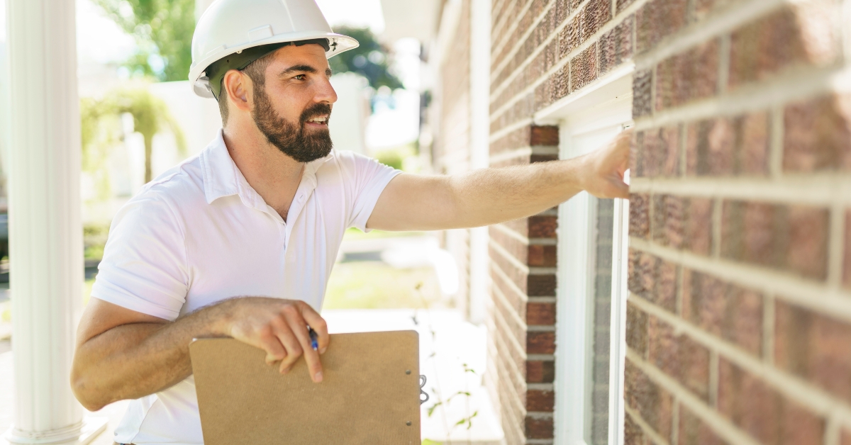 Man with hat inspecting house