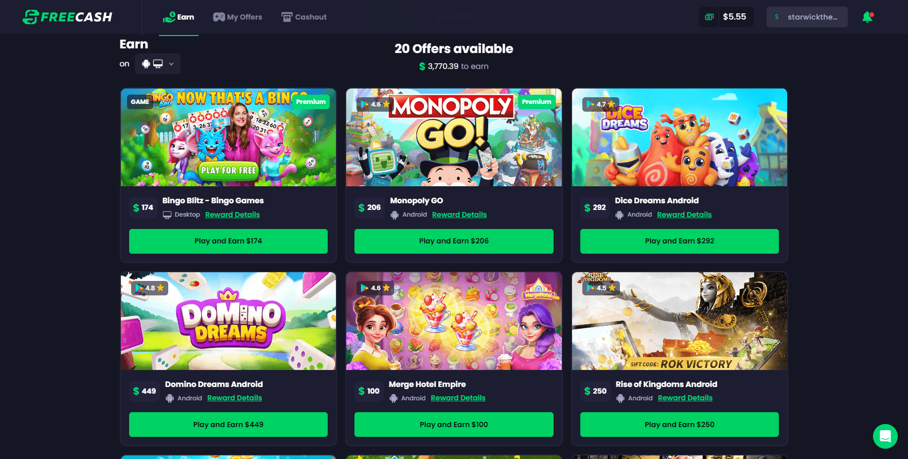 Freecash games available to play.