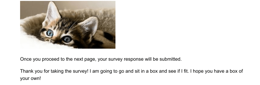 A kitten is featured at the end of a survey.