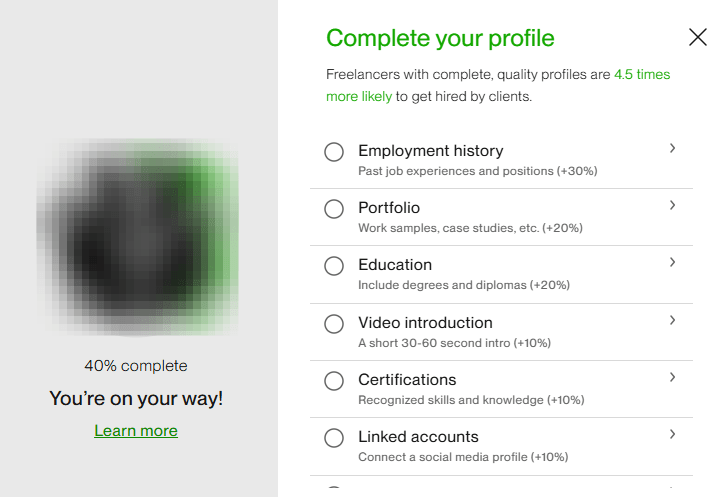 Upwork complete your profile. 