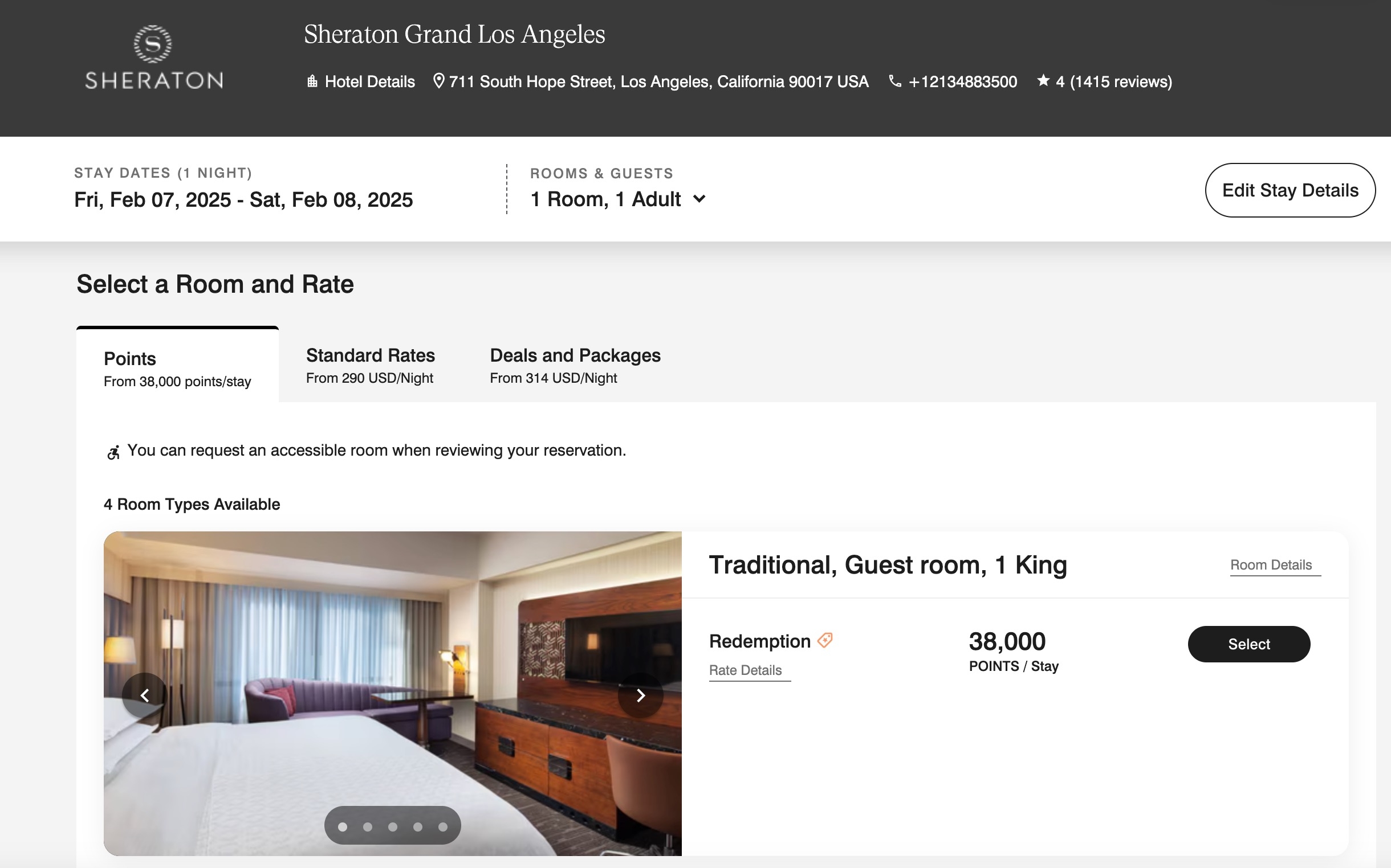 Sheraton Grand Los Angeles room booking screenshot