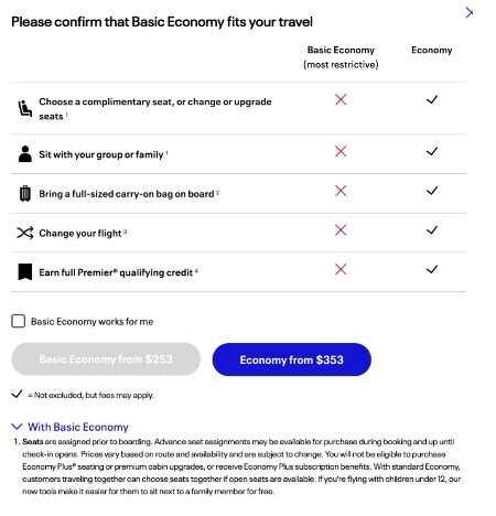 A screenshot of what a Basic Economy (most restrictive) versus Economy flight offers on United Airlines.
