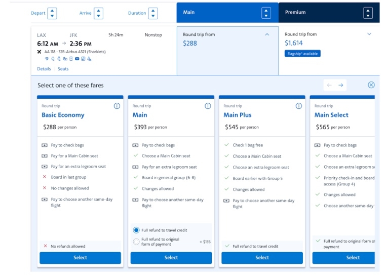 A screenshot of different main cabin ticket options offered by American Airlines