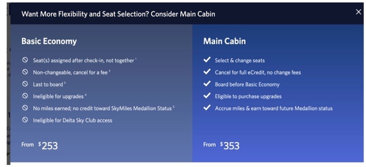  A screenshot that shows the differences between Basic Economy and Main Cabin seating on Delta Air Lines