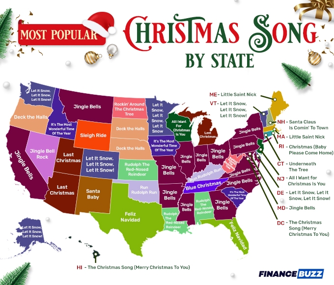 Map of the most popular Christmas song by state for 2024