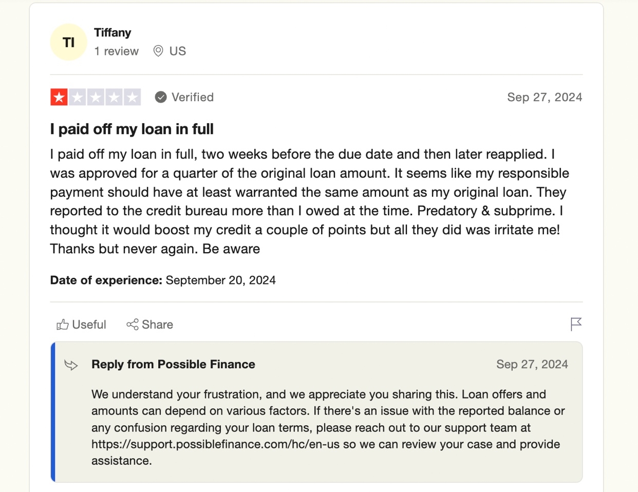 Screengrab of 1-star review for Possible Finance on TrustPilot.
