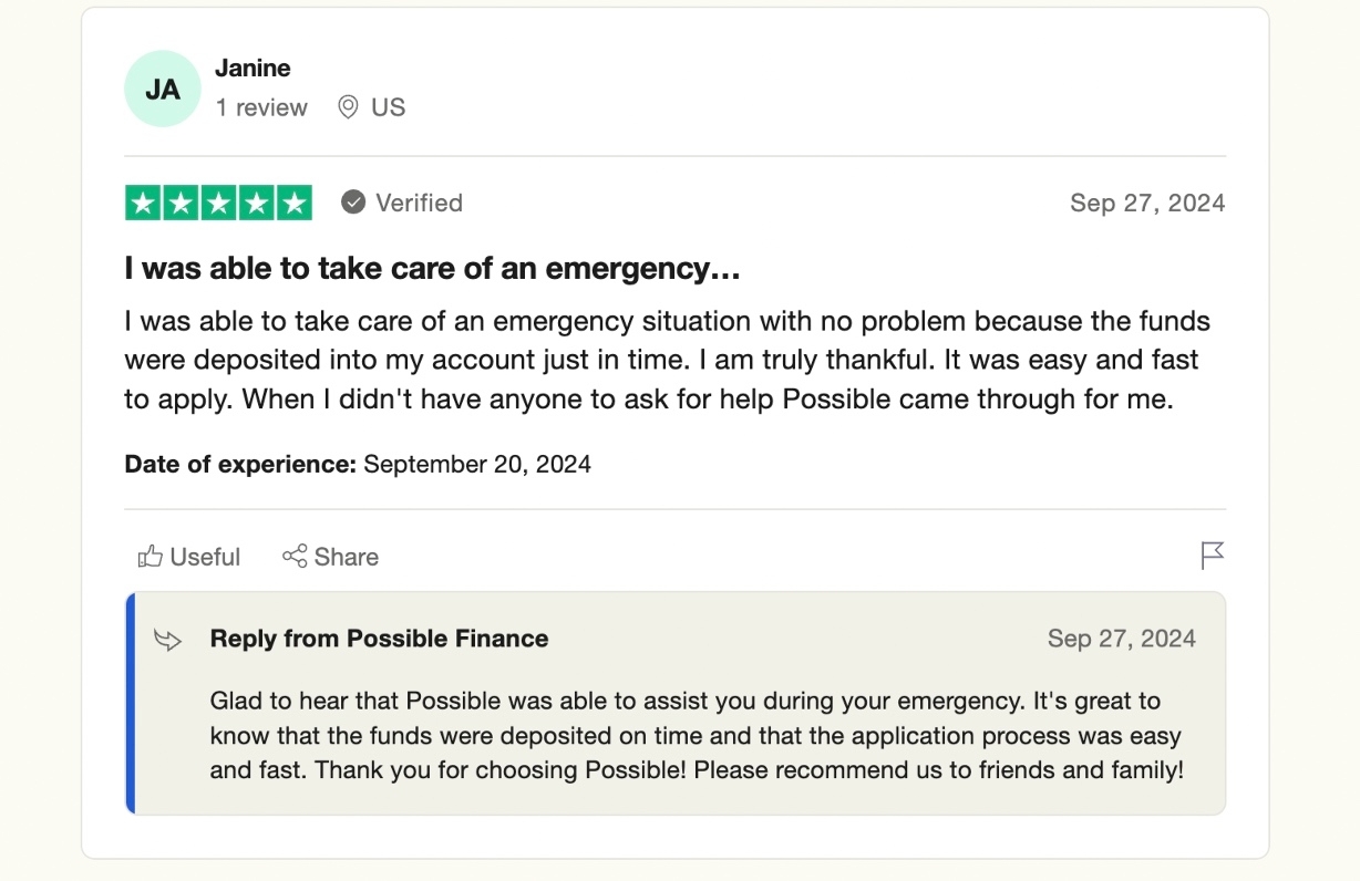 Screengrab of 5-star review for Possible Finance on TrustPilot.