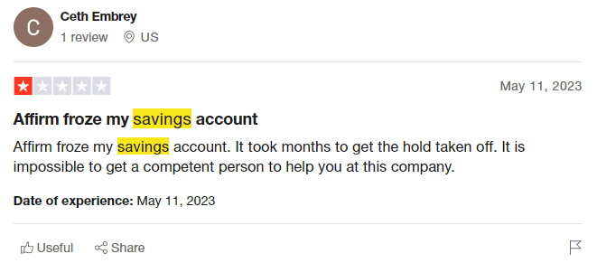 A negative one-star Affirm review from a user named Ceth.