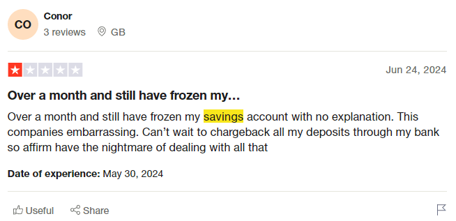 A negative one-star Affirm review from a user named Conor.
