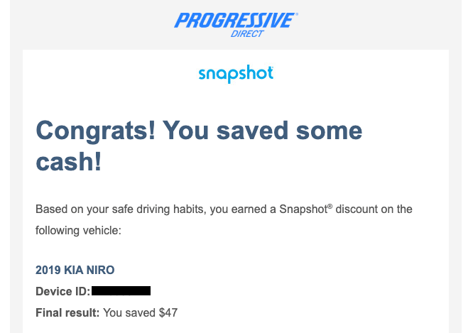 Progressive snapshot message with the text "Congrats! You saved some cash!".