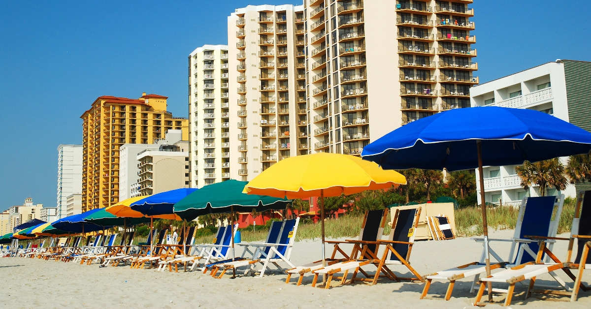 chairs and colorful umbrellas